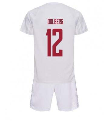 Danmark Kasper Dolberg #12 Bortedraktsett Barn VM 2022 Kortermet (+ Korte bukser)